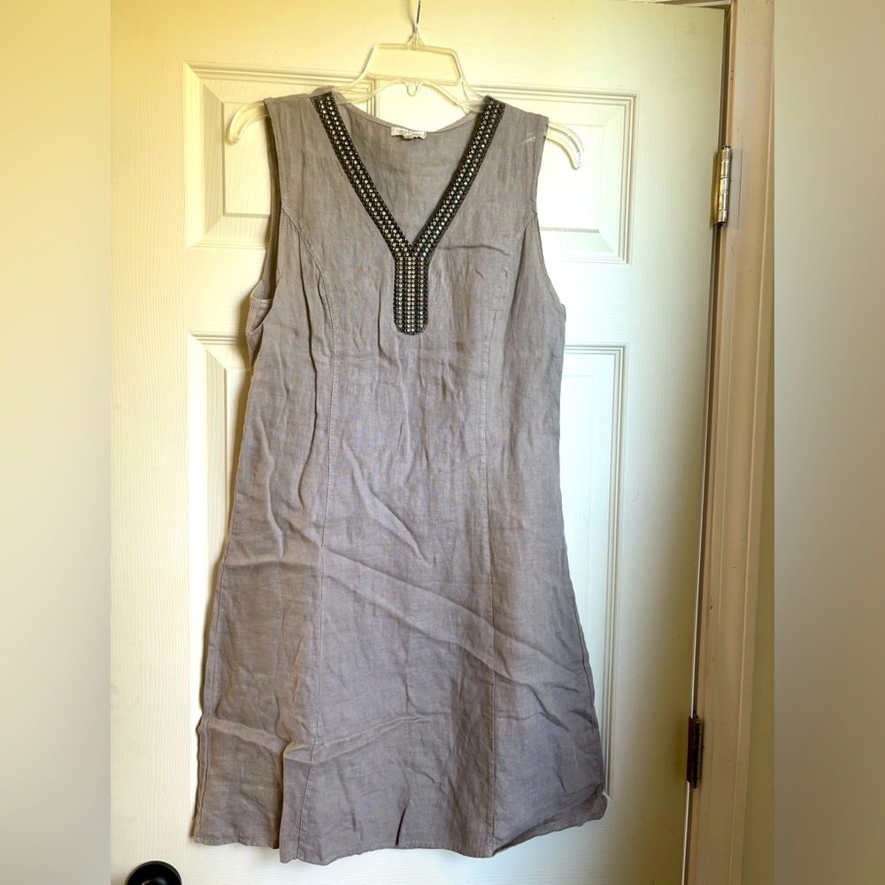 Gray linen dress with structured waist and sequin neckline detail